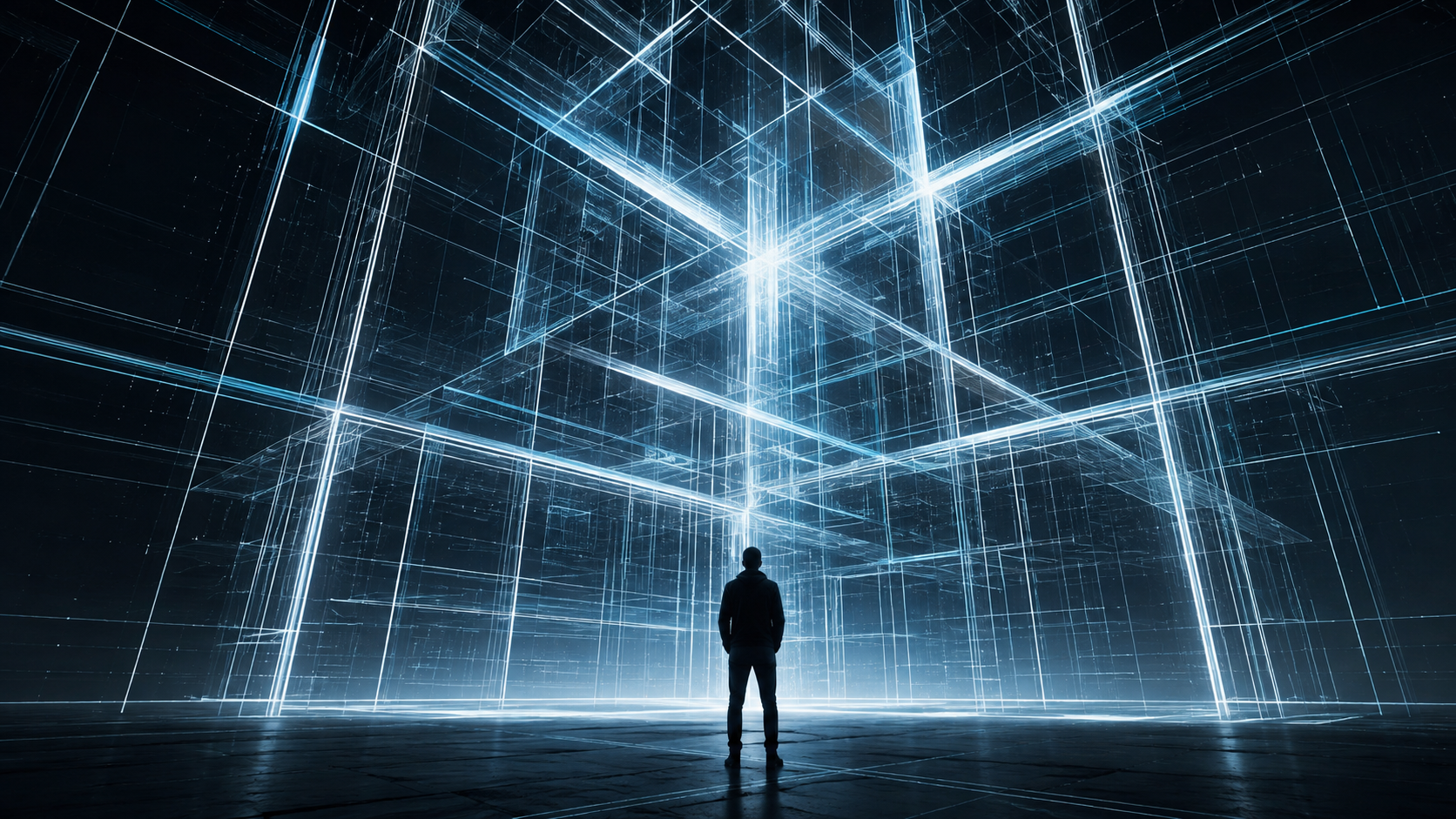 A person standing inside a luminous autonomous digital environment